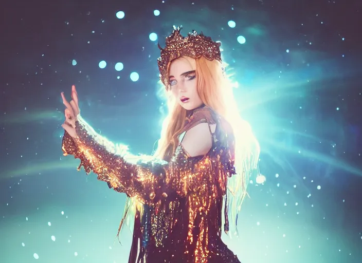 Prompt: closeup of a very good looking fantasy sorceress wearing amazing detailed clothes, shooting magical glowing flowing energy from her hands!!!! in the moonlit mountains, dramatic lighting, lens flare, 3 5 mm f 1. 2, professional photography, kodak ektar