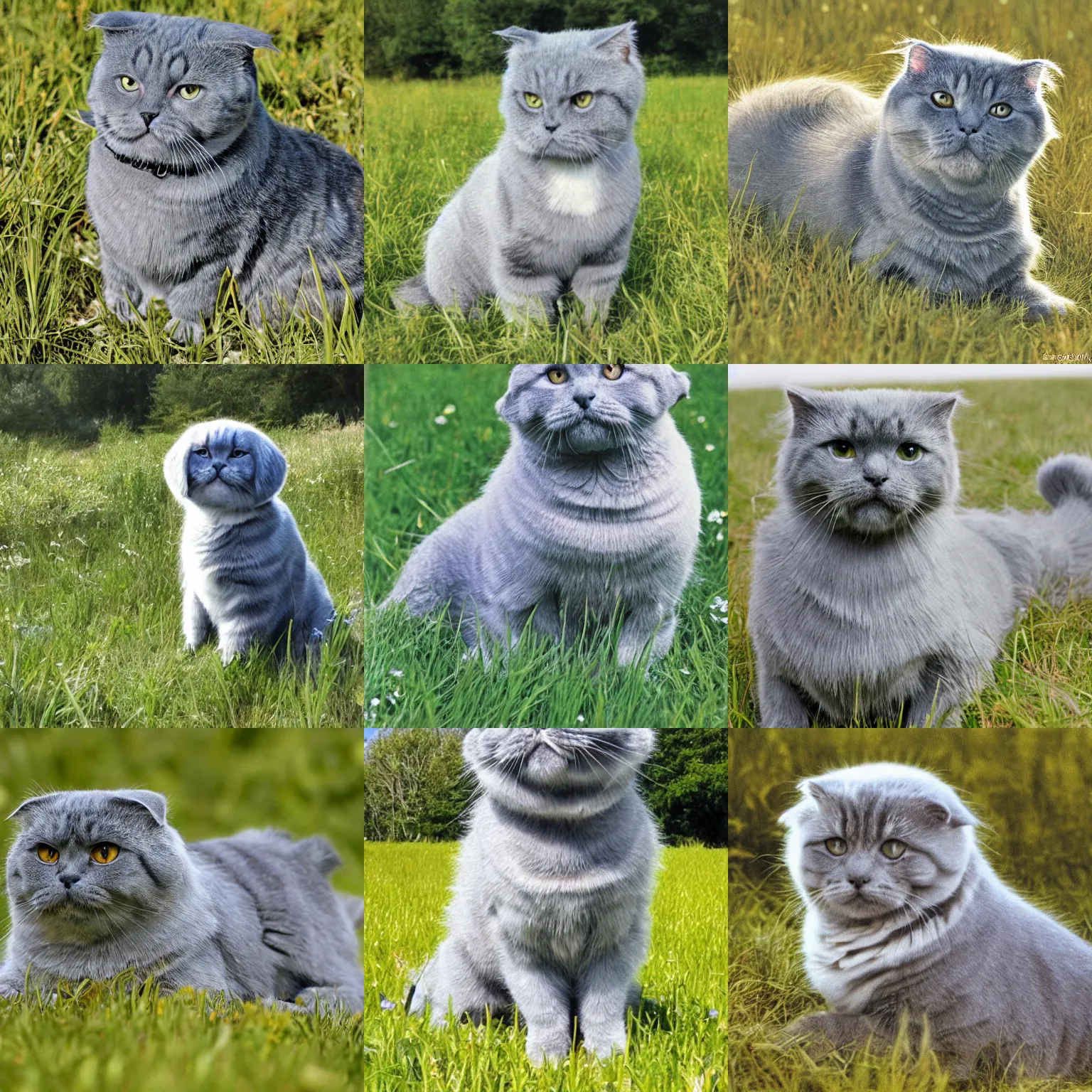 Prompt: a gray scottish fold sitting in the middle of sunny meadow, colored, by ross andru