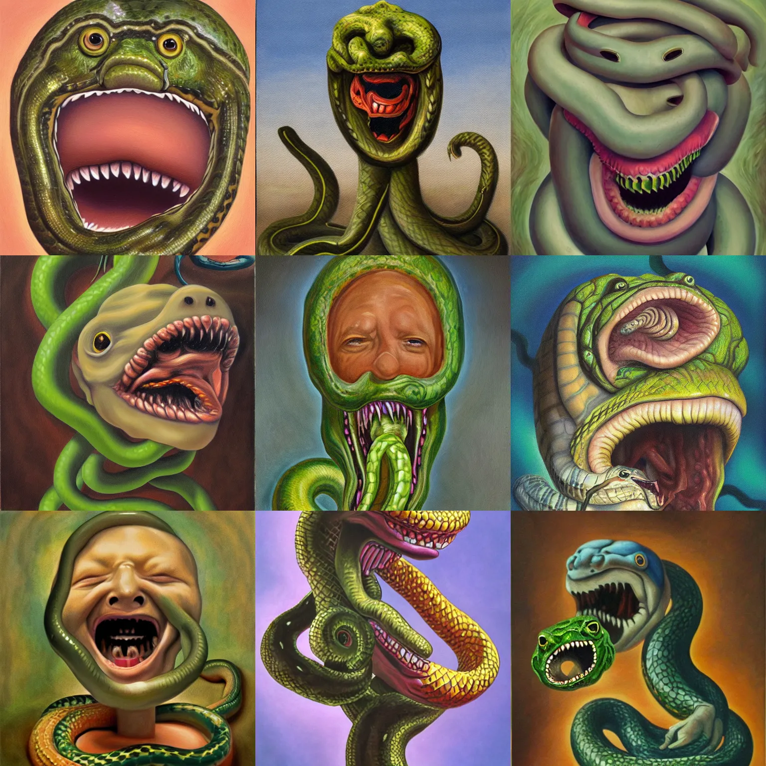Prompt: A disembodied head screaming + snakes slithering out of its mouth, oil painting, surrealism style