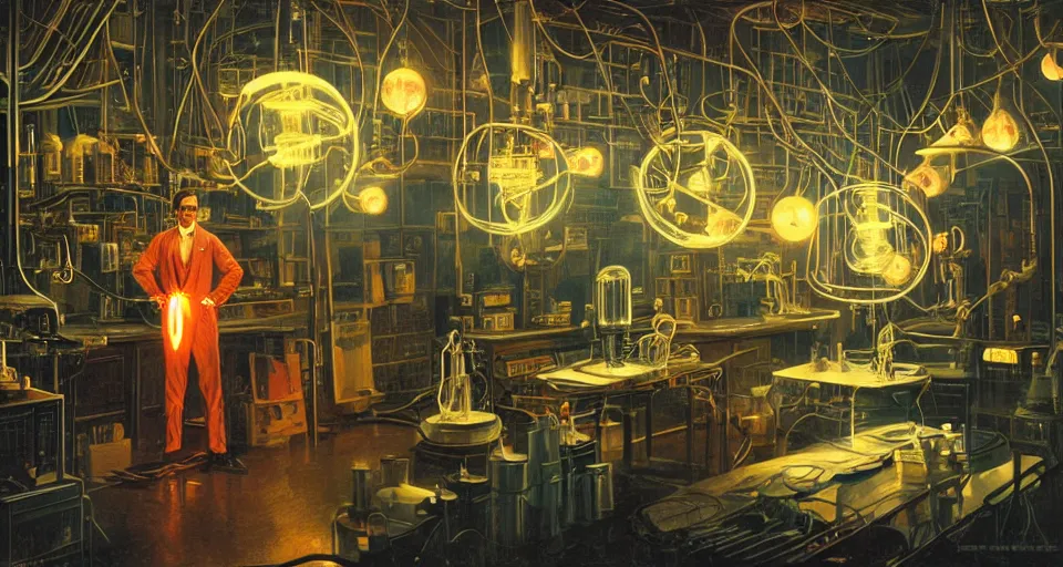 Image similar to nikolai tesla in his lab, electrical arcs, magical sparks, large glowing light bulbs, neon glow, highly detailed, digital art, intricate, dramatic lighting, retro futuristic, neon colors, cinematic, art by norman rockwell, greg rutkowski, james gurney, artgerm