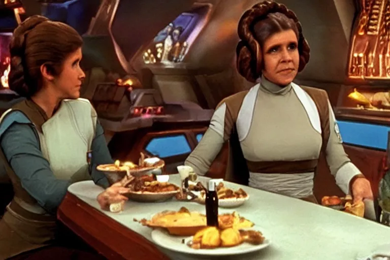 Image similar to princess leia having lunch at quark's bar on deep space nine