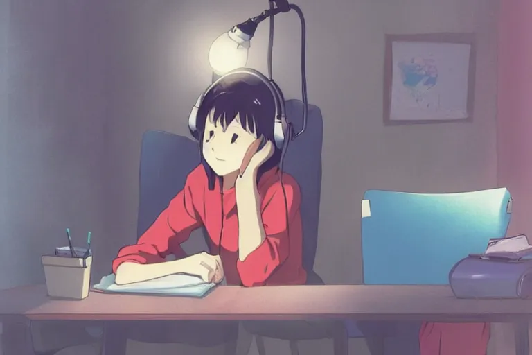 Image similar to lo - fi anime girl, wearing a blue cardigan and red aesthetic lo - fi headphones, studying in a brightly lit room, a lamp hovers above as it illuminates the room, illustrated by juan pablo machado, nighttime!!!!!!, cgsociety contest winner, artstation, golden ratio, dim lighting, studio ghibli!!!, 4 k