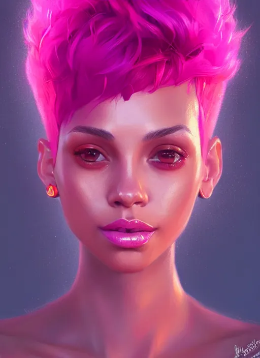 Image similar to portrait of vanessa morgan with bright pink hair, curly pixie cut hair, intricate, elegant, glowing lights, highly detailed, digital painting, artstation, concept art, smooth, sharp focus, illustration, art by wlop, mars ravelo and greg rutkowski