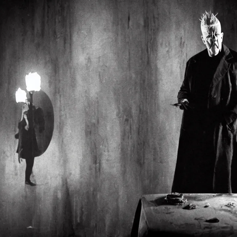 Image similar to david lynch as pinhead, movie still, 8 k, hdr, atmospheric lighting