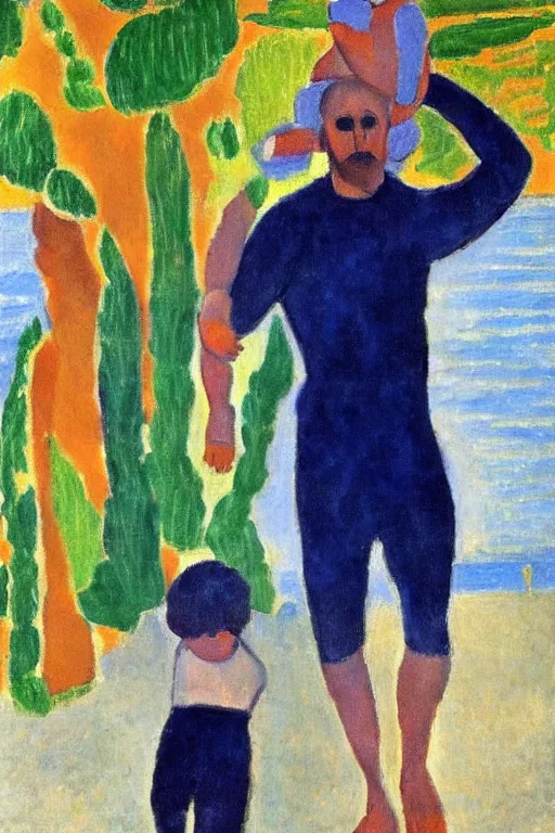 Prompt: a man holding his child over his shoulders walking near the beach, paiting by matisse, masterpiece