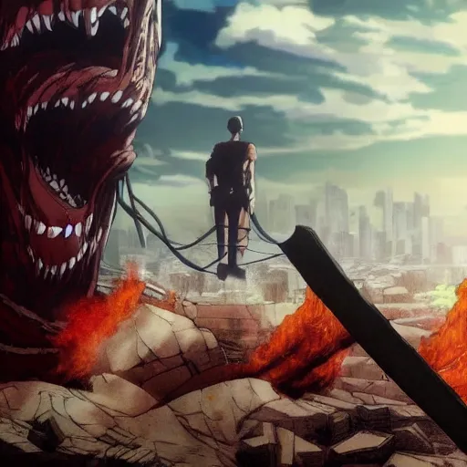 Prompt: photo of titan from attack on titan in front of burning city, cinematic