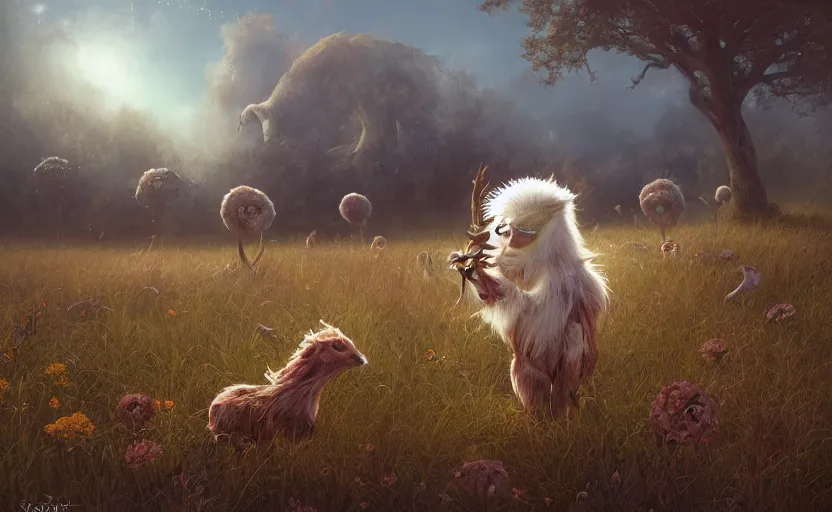 Image similar to A whimsical creature in a field, beautiful, warm dynamic lighting, atmospheric, cinematic, highly detailed digital art, painted by Scott Musgrove