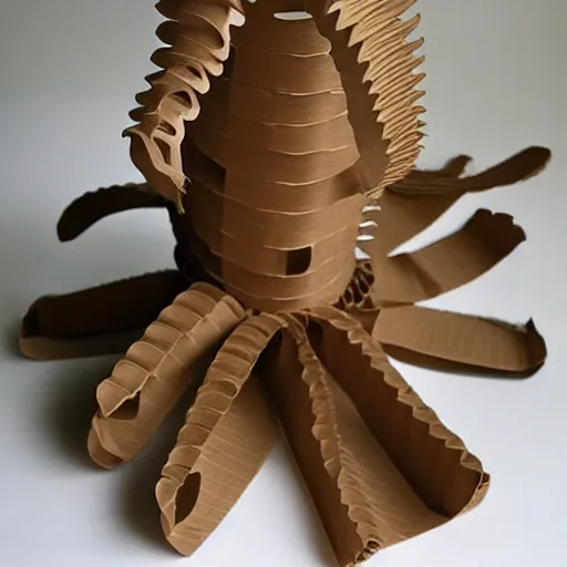 Prompt: octopus tentacles made of brown corrugated cardboard, cut out of cardboard, realistic photography, fantasy