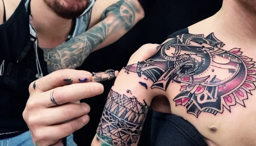 Image similar to photo of a new tattoo of someone giving themselves a tattoo of a tattoo 8 k 1 0 8 0 p