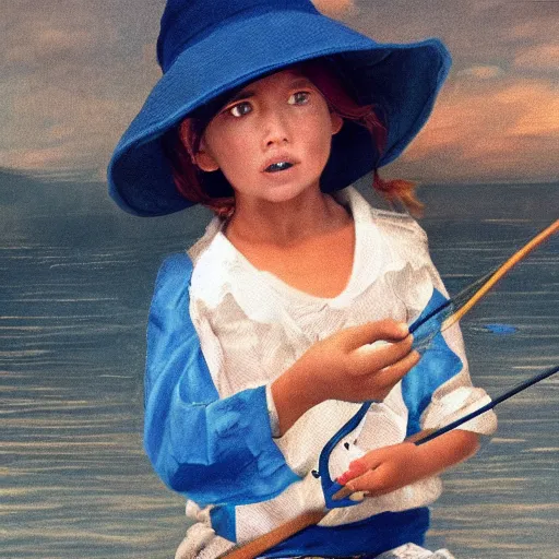 Image similar to candid photo of little girl burning in hell wearing a blue and white fishing hat by Annie Leibowitz, Photorealistic, extremely detailed, UHD, correct faces, hyperrealistic