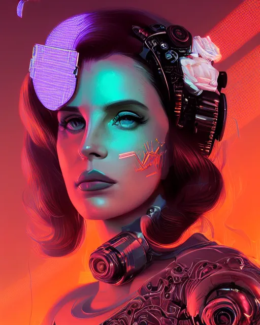 Image similar to portrait of lana del rey as a cyberpunk cyborg. roses, sci - fi, missing panels, intricate abstract, upper body, intricate artwork, by tooth wu, wlop, beeple, dan mumford. concept art, 8 k octane render, deviantart, greg rutkowski, cinematic, key art, hyperrealism, iridescent accents