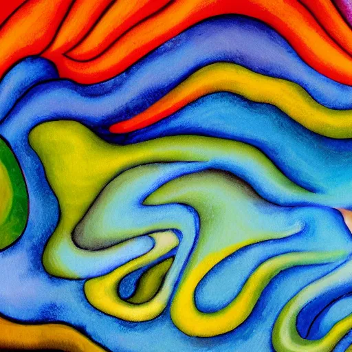 Prompt: woman weaves the colors, sounds and dreams of her community while listening to the river, abstract art in the style of cubism and georgia o keefe,