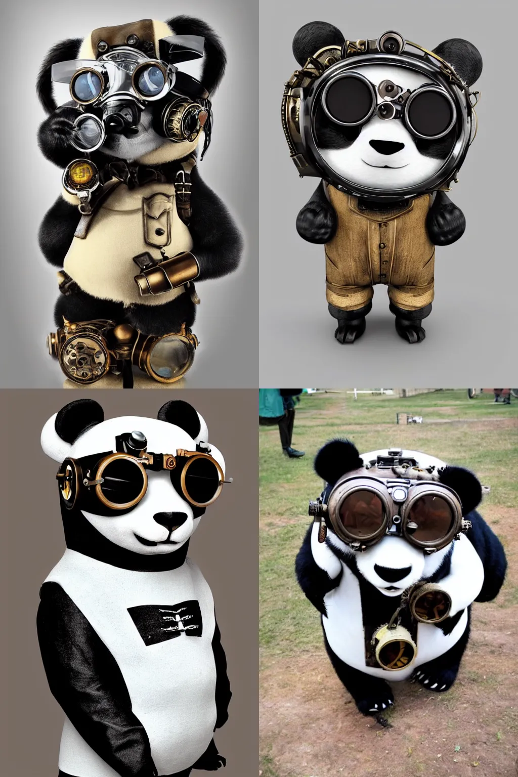 Prompt: a steampunk panda wearing goggles, real photo