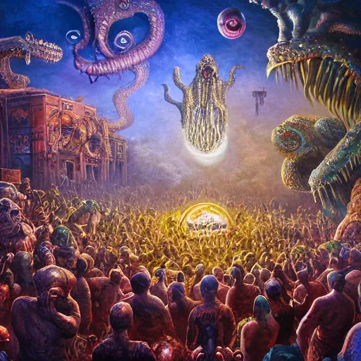 Prompt: assembled crowds worship their terrifying floating screaming drooling new elder god covered with pustules and eyeballs, on ancient post - apocalyptic planet, jim henson creature shop, vivid and colorful, thomas kincaid, cinematic, oil painting, highly detailed, illustration