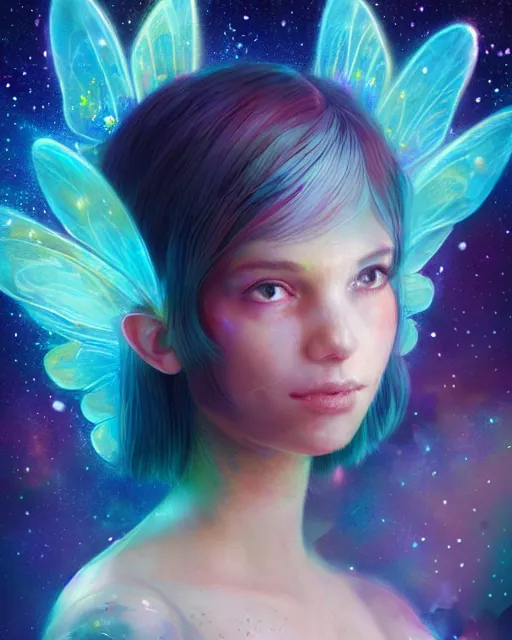 Prompt: a detailed image of an attractive!!!! girl with psychedelic! fairy wings holding a crystal containing all of reality and galaxies, by greg rutkowski artgerm ross tran ilya kuvshinov. 7 0 mm, volumetric lighting, digital art, subtle and detailed