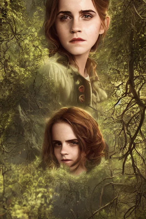 Prompt: Emma Watson as Hermione Granger, magical, forest, evening, green mist, symmetrical face, hyper realistic, medium close up, digital art, octane render, trending on artstation, artstationHD, artstationHQ, unreal engine, 4k, 8k