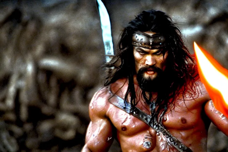 Image similar to film still from conan the barbarian, jason momoa as conan in the catacombs of evil, torch light, fantasy armor, volumetric lighting, wet skin and windblown hair, muscular!!!, battle action pose, ridley scott, high contrast