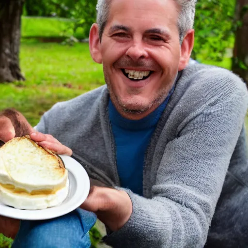 Prompt: a man is happy by siting on a camembert