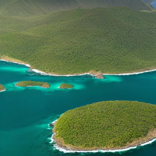 Image similar to a camera capture high resolution photograph of a large flat verdant island with large mountains with red peaks