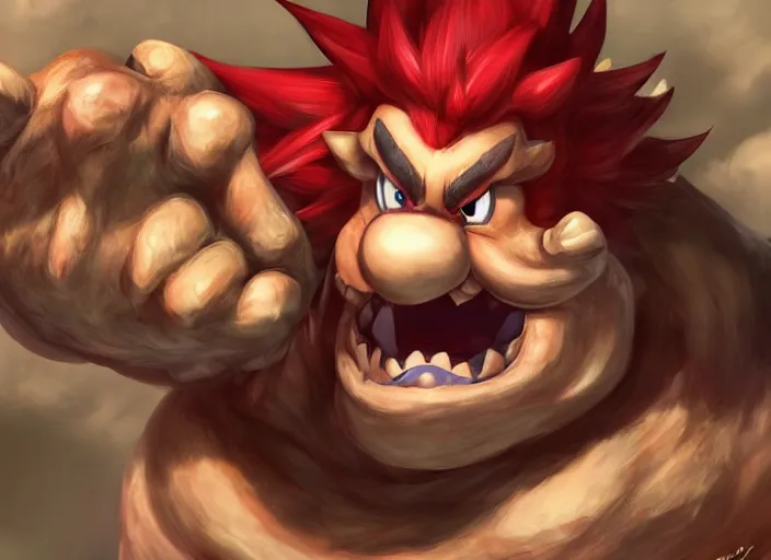 Prompt: detailed concept art of a huge giant bowser by cheng yi and luolin, aartstation, artstationhd, detailed scales, spiky collar and red hair, bowser, bowser nintendo, koopa, ~ bowser # bowser ( ( mario ) ) bcy. net, realistic. cheng yi