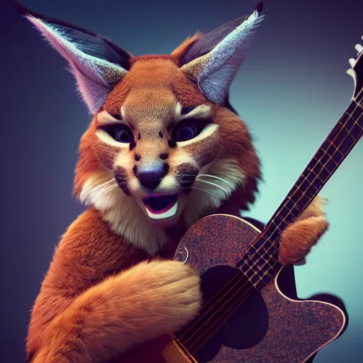 Prompt: cute fluffy caracal playing guitar, fully detailed, high quality , 4k , octane render , soft light , masterpiece