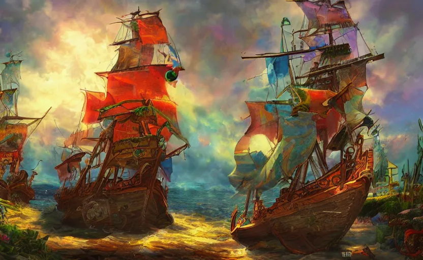 Image similar to pirate ship, storybook, colorful, lush, artstation