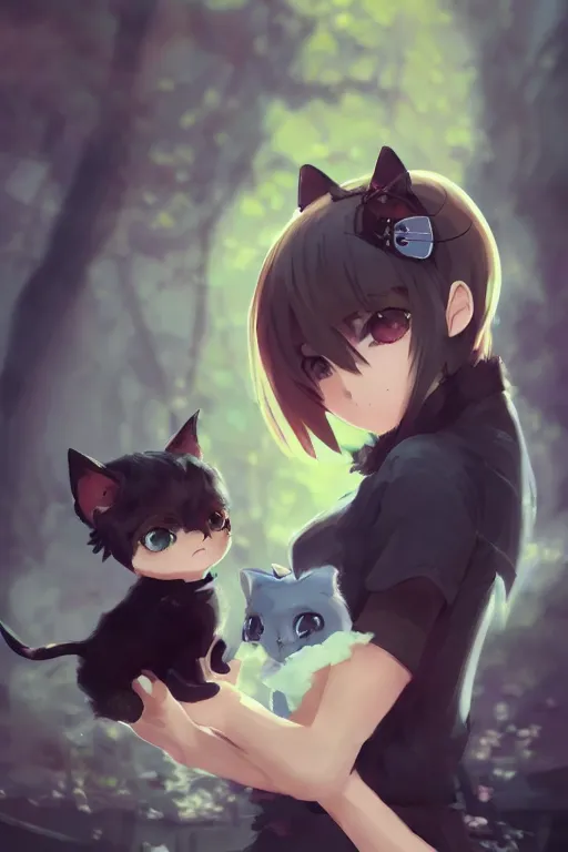 Image similar to anime girl with short hair and cat ears playing with a small black kitten, concept art, wlop, digital painting, trending on artstation, highly detailed, epic composition, official media, 8 k uhd