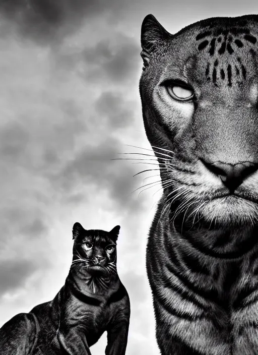 Image similar to two panther black and white portrait white sky in background