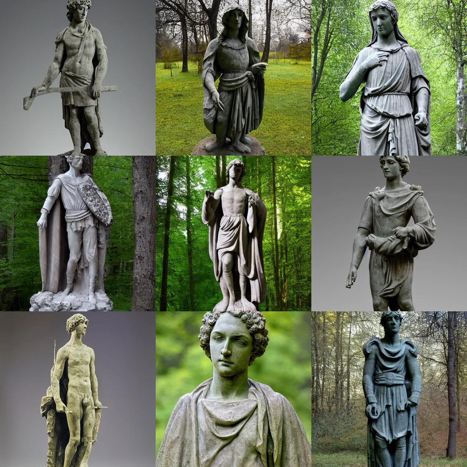 Prompt: stone statue of a twentisomething, young, handsome, 1 1 th century hungarian prince, dressed in a [ [ 1 2 th century costume ] ], ( in a dark, mystical, fairy forrest ) by donatello and michelangelo