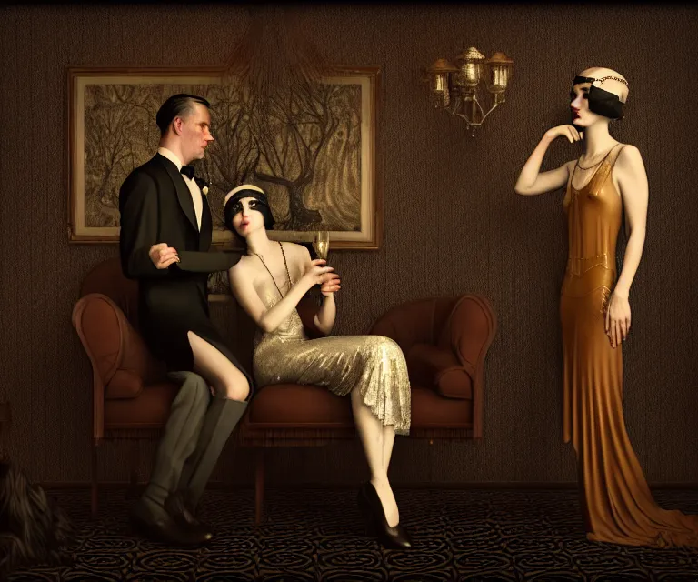 Prompt: a beautiful classy partying couple, dimly lit upscale 1920s speakeasy, relaxed pose, art deco, detailed painterly digital art style by Brooke Shaden, retro vibe, 🍸, 8k octane beautifully detailed render, post-processing, extremely hyperdetailed, intricate, epic composition, grim yet sparkling atmosphere, cinematic lighting + masterpiece, trending on artstation, very detailed, vibrant colors, Art Nouveau, masterpiece, romanticism