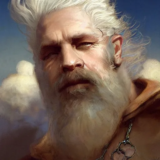 Prompt: a medieval blacksmith, cumulus tattoos, burly, white hair, resting on a tough day, candid, cloud and sky color scheme, fantasy character portrait by gaston bussiere, craig mullins