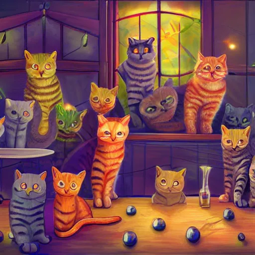 Prompt: many cats at the party, digital art, concept art