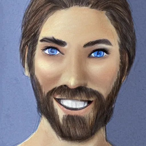 Image similar to sketch of a caucasian face, medium long brown hair, bad skin, short beard, skinny, blue eyes, smiling, ultrarealistic