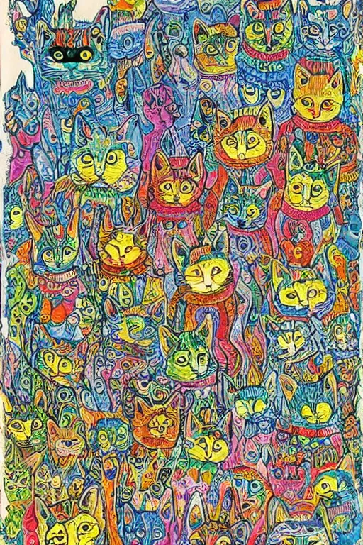 Image similar to Psychedelic cats in the style of Louis Wain