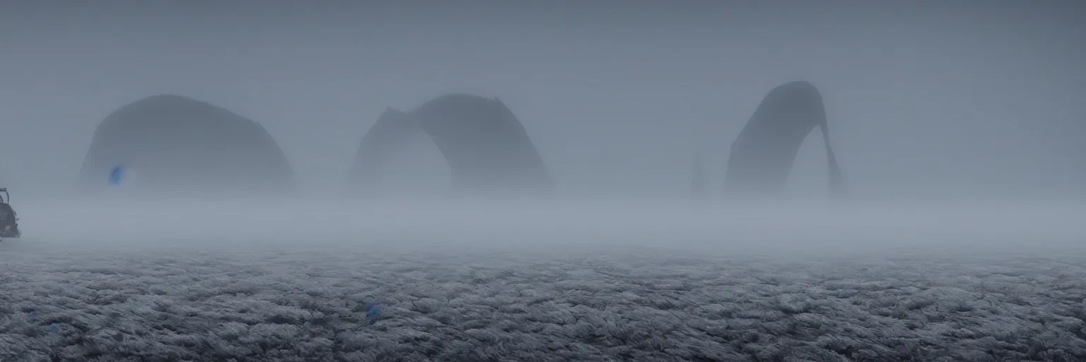 Prompt: desolated foggy cold landscape, tundra, fog , futuristic bike speeding, mountains with alien pylon outpost structure on top, fog, unreal engine 5, 4k, render, volumetric lighting, cinematic, hyperrealistic