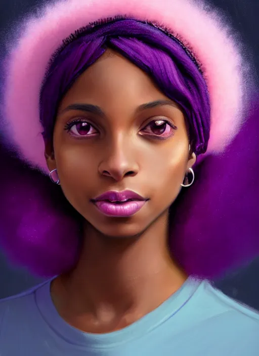 Image similar to portrait of vanessa morgan, black teenage girl, pink hair, wavy pixie haircut, purple newsboy cap, fluffy pink hair coming out from under cap, hoop earrings, subtle confident smile, intricate, elegant, glowing lights, highly detailed, digital painting, artstation, concept art, sharp focus, illustration, art by wlop, mars ravelo and greg rutkowski