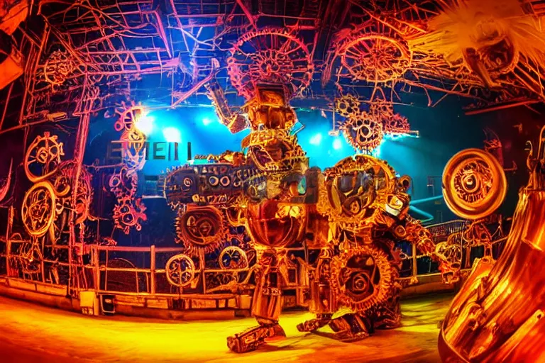 Image similar to scene is elrow party in amnesia ibiza, portrait photo of a giant huge golden and blue metal steampunk robot, with gears and tubes, eyes are glowing red lightbulbs, shiny crisp finish, 3 d render, 8 k, insaneley detailed, fluorescent colors, haluzinogetic, background is multicolored lasershow