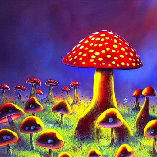 Image similar to a mushroom firefighter, light and shadow, glowing, vivid, detailed painting, by tim burton, high detail, trending on artsation, masterpiece, award winning