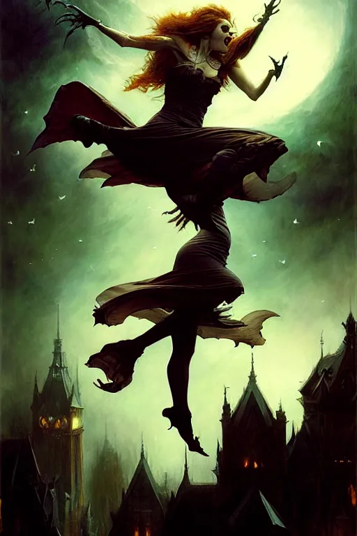 Image similar to evil female vampire jumping, highly detailed, realistic style. night sky with bats. by raymond swanland, gaston bussiere, simon bisley, anna podedworna, ayami kojima, greg rutkowski, maxim verehin