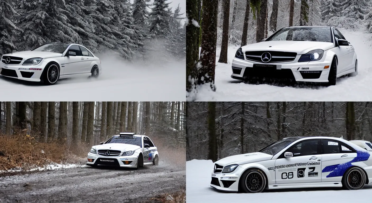 Prompt: a 2 0 1 0 mercedes - benz c 6 3 amg, racing through a rally stage in a snowy forest