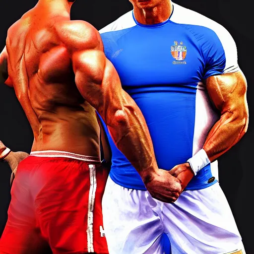 Image similar to muscular donald trump and cristiano ronaldo in love looking at their baby, detailed and realistic, 4 k, bright color, epic digital art