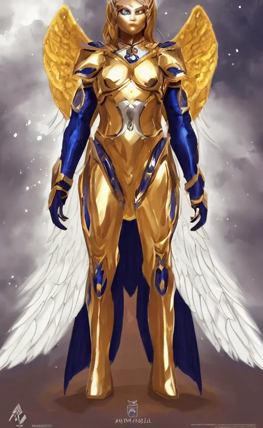 Image similar to Concept art, angel knight girl in golden and silver armor adorned with sapphire gems, artstation trending, cinematic, highly detailded