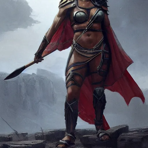 Image similar to a spartan woman wearing a cape and holding a spear in a arena, Matte painting , detailed painting, greg rutkowski