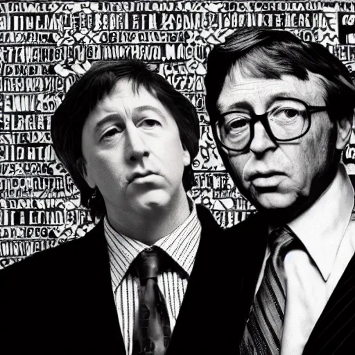 Image similar to bill hicks and bill gates in the style of gilbert and george