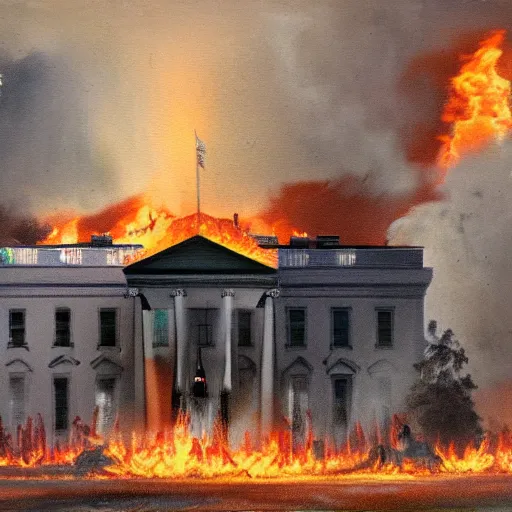 Image similar to white house burning down during a communist uprising, volumetric light, glare, oil in canvas,