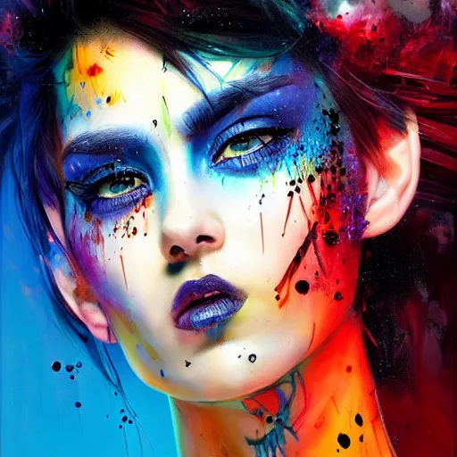 Prompt: cyberpunk goddess black hair, side portrait, striking, defiant, spotlight, vibrant colors, paint splash, beautiful eyes, blue eyes, by marco paludet and gianni strino and marion bolognesi