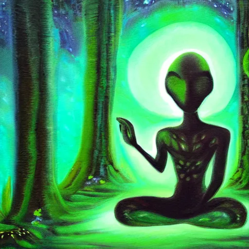 Prompt: painting of a tranquil alien made of light and glows meditating in dense forest by Terence McKenna, acrylic art, ethereal, soothing, somber, elegant, warm light, cozy, breathtaking,