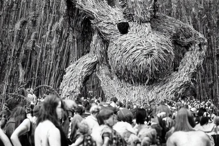 Prompt: at the festival of the Wicker Man in a small Scottish village, a giant towering Godzilla made of reeds burns, villagers watch, photojournalism, 1967, photorealism, very realistic, in the style of Midsommar, 50mm lens, Kodak 5219 film