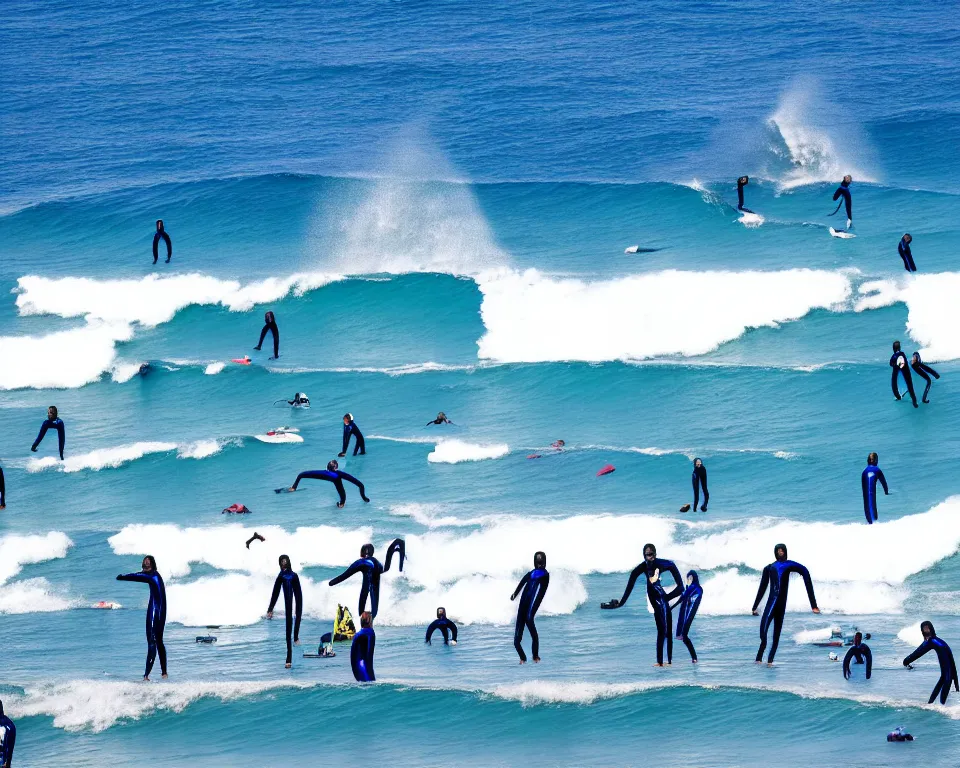 Image similar to worshippers in blue wetsuits belonging to the cult of the surfers, surfing in waves, standing on surfboards, surfing in the face of a tsunami, high detailed colors, bright deep blue