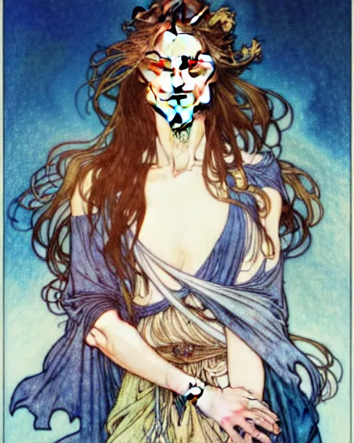 Prompt: in the style of artgerm, arthur rackham, alphonse mucha, phoebe tonkin, symmetrical eyes, symmetrical face, flowing blue skirt, full entire body, hair blowing, intricate filagree, hidden hands, warm colors, cool offset colors